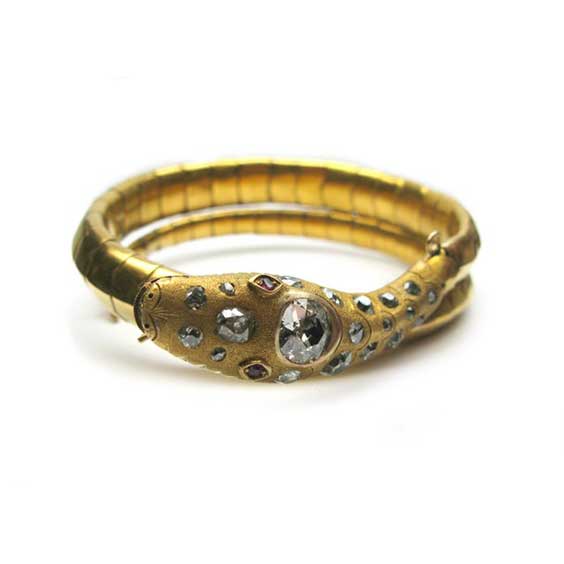 Gold diamond ruby snake bracelet